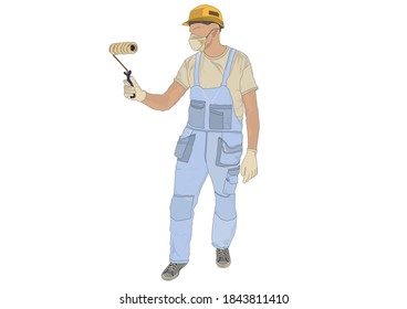 Ilustración vectorial que representa a un obrero de la construcción en un overol azul, casco amarillo y un rodillo de pintura en la mano.