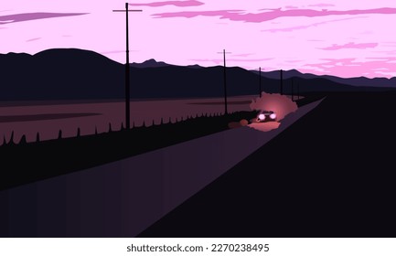 vector illustration depicting a country evening road and a lonely car on it for prints and interior design and scenes in the style of adventure and travel