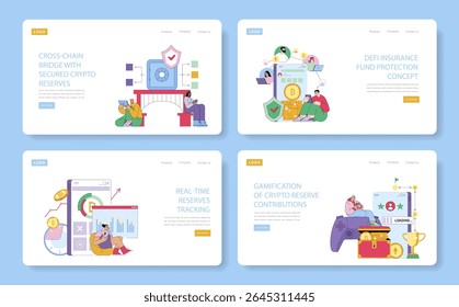 Ilustração vetorial que descreve as reservas de criptografia e os conceitos financeiros com designs envolventes. Apresenta pontes de cadeia cruzada, proteção de fundos, rastreamento em tempo real e gamificação com as pessoas interagindo.