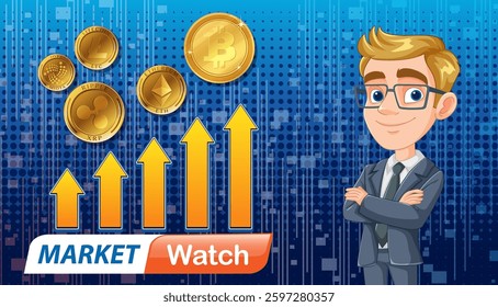 Vector illustration depicting cryptocurrency growth with coins and arrows, featuring a business professional. Vibrant colors and digital style