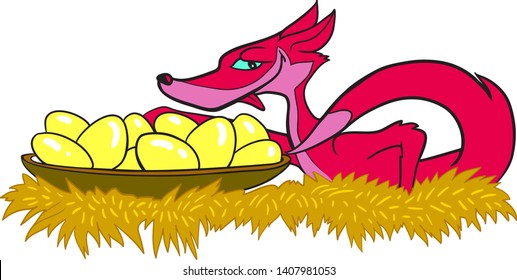vector illustration depicting a cunning fox who is trying to steal chicken eggs