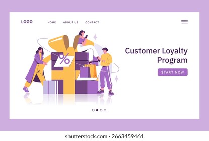 Vector illustration depicting a customer loyalty program concept with people engaging around a large gift box symbolizing rewards and discounts, highlighting brand engagement.