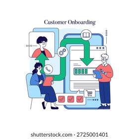 Vector illustration depicting the customer onboarding process. Two people are engaged with digital interfaces, conveying the integration of new clients into a system.