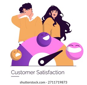 Ilustração vetorial mostrando os níveis de satisfação do cliente com um medidor. Dois indivíduos expressam emoções diferentes à medida que um metro reflete graus variados de satisfação.