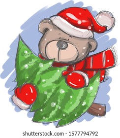 
Vector illustration depicting a cute bear holding a new Christmas tree against white background