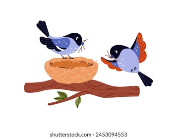 Vector illustration depicting cute birds building their first nest on a branch of a large tree on a white background. An image of a family of birds for textbooks on ornithology