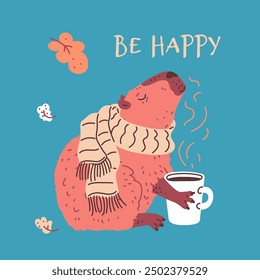 Vector illustration depicting a cute capybara in a scarf with hot tea in a cup on a background of fallen yellow leaves. Charming cozy picture in autumn