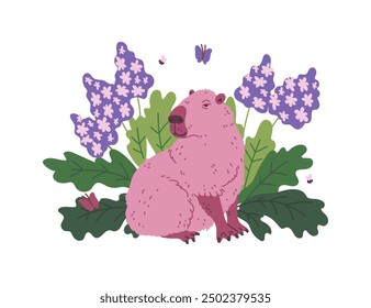 Vector illustration depicting a cute capybara sitting among flowers and butterflies on a white background. An adorable image of this herbivorous mammal