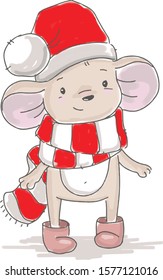 
Vector illustration depicting a cute mouse in a hat and scarf on a white background.
