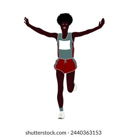 Una ilustración vectorial que representa a un corredor de piel oscura cruzando la línea de meta con los brazos extendidos, mostrando emociones de victoria y triunfo sobre un fondo blanco, simbolizando el logro y el éxito