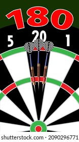 vector illustration depicting a dart board with a stylized hit of darts in the 180 points sector for the design of gaming halls and bars