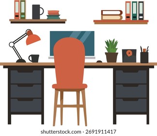 Uma ilustração vetorial representando uma mesa, provavelmente um espaço de trabalho ou ambiente de escritório. A imagem é obtida da Shutterstock, sugerindo qualidade profissional.