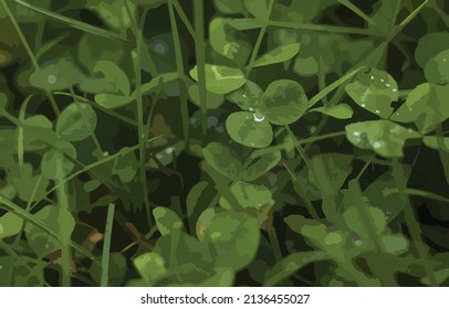 Vector illustration depicting dew in the grass. Green background with the image of grass. Dew drop on shamrock. Beautiful green Earth. Amazing nature. Green environment.