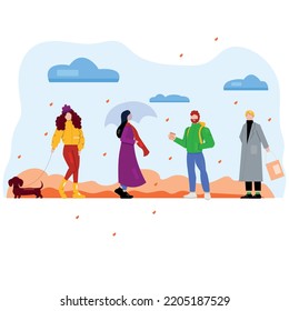 Vector illustration depicting different characters, people in autumn clothes