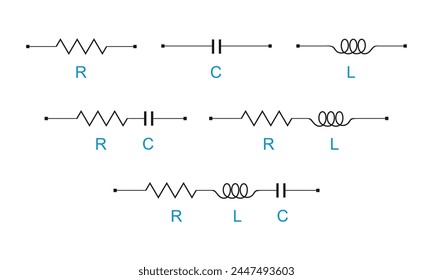 Vector illustration depicting different combinations of circuit elements and  electrical phase