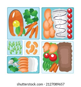 Vector illustration depicting different types of food containers on the theme "dinner"