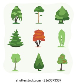 Vector illustration depicting different types of trees, among them: willow, pine, oak, spruce, maple, birch, aspen, cypress, rowan