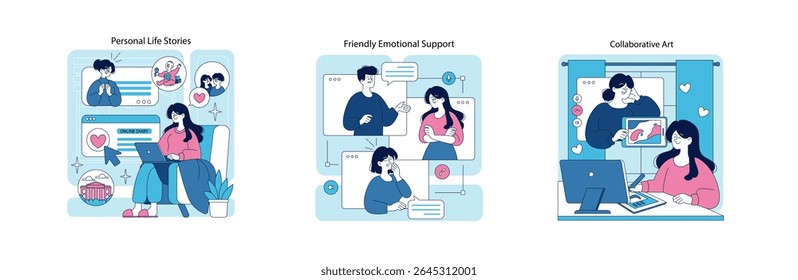 Ilustração vetorial representando cenários de comunicação digital. Pessoas participando de interações on-line, compartilhando histórias pessoais, fornecendo apoio emocional e colaborando em projetos de arte.
