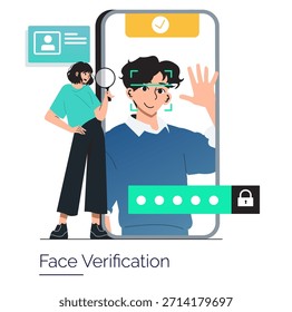 Ilustração vetorial representando um processo de verificação digital da face. Uma pessoa usa um smartphone para confirmar sua identidade, mostrando a interação entre tecnologia e medidas de segurança.