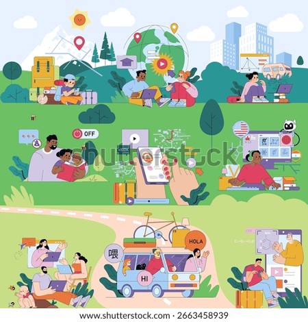 Vector illustration depicting digital nomads working remotely in diverse outdoor settings, engaging in online education, global travel, and lifestyle activities. Characters interact with technology