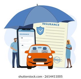 Vector illustration depicting digital and paper car insurance concepts with an umbrella, car, and people. Emphasizes protection and modern technology in insurance management.