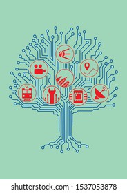 Vector illustration depicting a digital tree with fruits in the form of production lines.