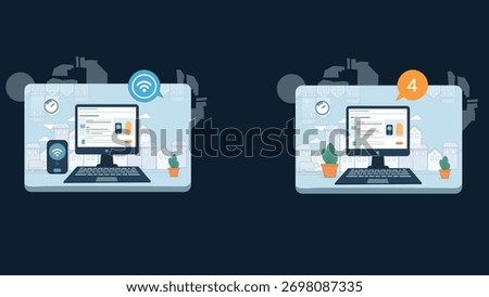 Vector illustration depicting digital workplace concepts Two scenes show a desktop computer setup with WiFi connectivity signal and an important notification icon