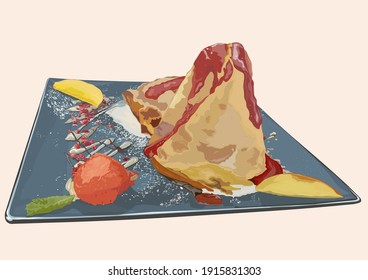 Vector illustration depicting a dish in the form of a dessert consisting of a pancake poured with jam, ice cream and fruits.