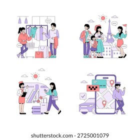 Ilustración vectorial que representa diversas actividades: ir de compras con amigos, una familia explorando París, un viajero en el aeropuerto y navegar en un App. Expresa aventura y diversión.