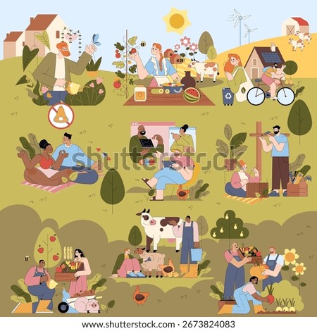 Vector illustration depicting diverse community activities promoting sustainable living. Scenes include gardening, cycling, beekeeping, and virtual meetings, emphasizing environmental and social