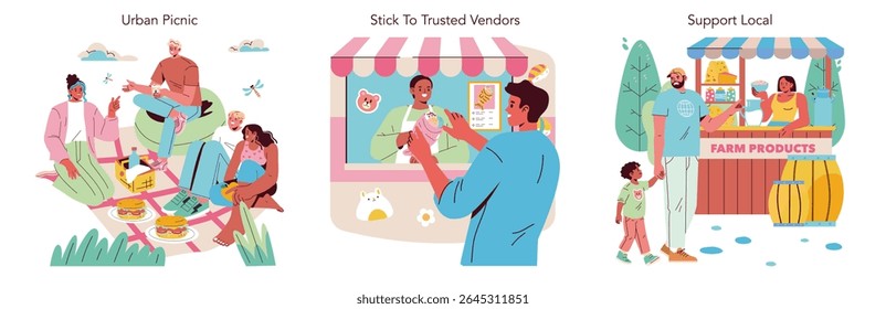 Vector illustration depicting a diverse group enjoying an urban picnic, interacting with trusted vendors, and supporting local farmers. Highlights community connection and happiness.