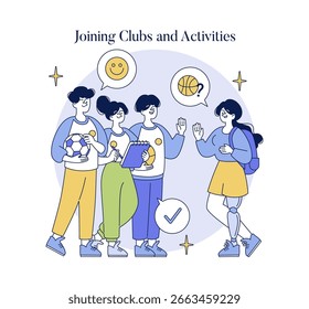 Ilustración vectorial que representa a un grupo diverso de personas que interactúan alegremente mientras se unen a clubes y actividades. Enfatiza la comunidad, el trabajo en equipo y la interacción social positiva.