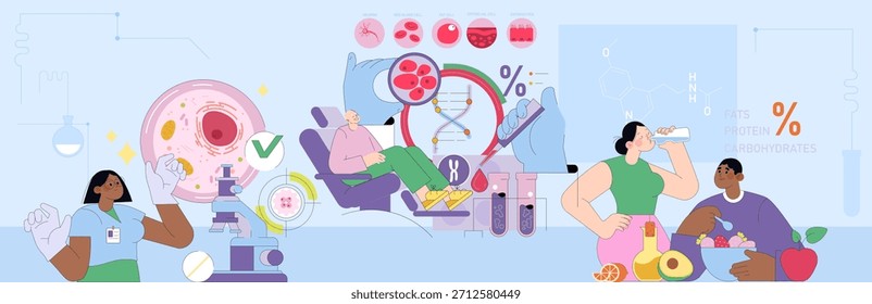 Ilustración vectorial que representa a un grupo diverso que participa en análisis científicos de nutrición y salud. Incluye células, ADN y descomposición de nutrientes, destacando los conceptos de bienestar y dieta.