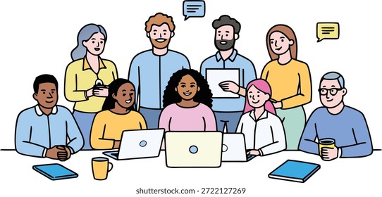 Una Ilustración vectorial que representa a un grupo diverso de nueve individuos, incluidos hombres y mujeres de diversas etnias y edades, se reunió alrededor de una mesa para una reunión de equipo de colaboración. Varios miembros están sentados y trabajando activamente en computadoras portátiles, mientras que otros están detrás de ellos y conversan. Las burbujas de discurso sobre algunos individuos significan comunicación activa y compartir ideas. La obra de arte representa un entorno de oficina moderno centrado en el trabajo en equipo, la inclusión y la colaboración profesional.