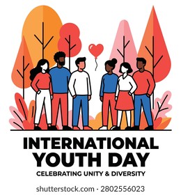 A vector illustration depicting a diverse group of people standing amongst trees, celebrating international youth day and unity.