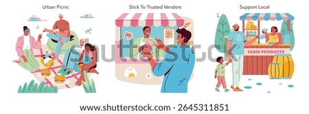 Vector illustration depicting a diverse group enjoying an urban picnic, interacting with trusted vendors, and supporting local farmers. Highlights community connection and happiness.