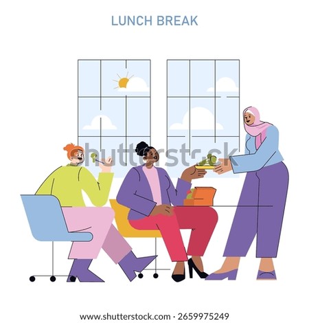 Vector illustration depicting a diverse group of colleagues enjoying a lunch break together. One person shares food while others engage in friendly conversation, creating a positive office atmosphere.