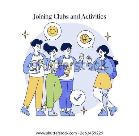 Vector illustration depicting a diverse group of people joyfully interacting while joining clubs and activities. Emphasizes community, teamwork, and positive social interaction.