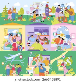 Ilustração vetorial representando diversos grupos de pessoas envolvidas em atividades ao ar livre, comunicação digital e trabalho colaborativo. Enfatiza a interação com a comunidade, o trabalho em equipe e o ambiente global