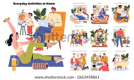 Vector illustration depicting diverse home activities including exercise, work, art, and family time. People engage in hobbies, chores, and relaxation, highlighting daily routines.