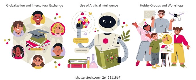 Vector illustration depicting diverse individuals and global exchange, a robot symbolizing AI with science tools, and a group engaged in creative activities and workshops.