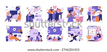 Vector illustration depicting diverse modern life activities such as logistics, drone delivery, payment processing, online shopping, live streaming, and children playing with toys.
