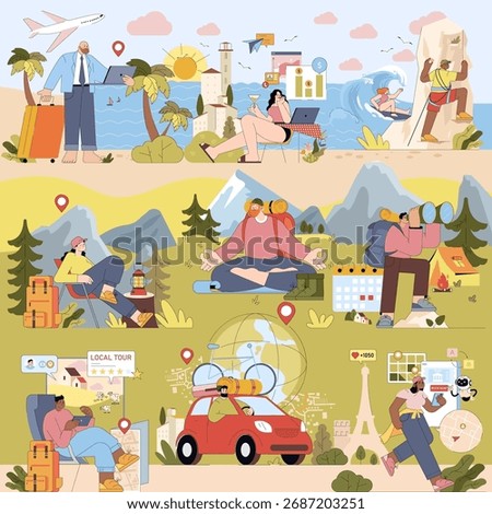 Vector illustration depicting diverse vacation activities: beach relaxation, mountain hiking, yoga, road trips, and city exploration. Perfect for travel, tourism, and adventure themes.