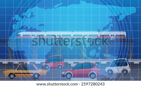 Vector illustration depicting diverse vehicles and a train against a world map background, highlighting global connectivity and transport