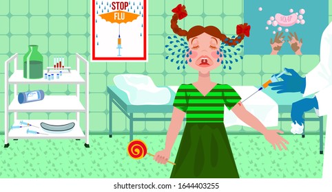 vector illustration depicting a doctor vaccinating a girl in the treatment room
