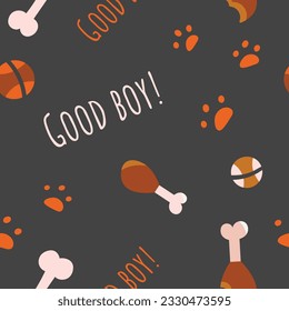 Vector illustration depicting dog attributes. Seamless pattern of elements paws, chicken leg, bone on a gray background.