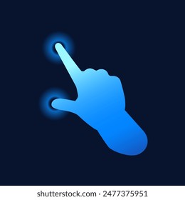 Vector illustration depicting double tap hand gesture. Glowing blue touchscreen functionality icon. Isolated for digital interface on dark background.