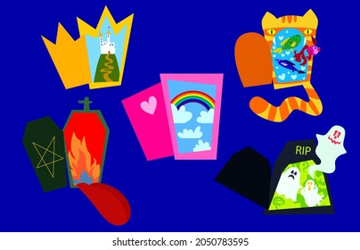 Vector illustration depicting dreams which have ghosts, fire, palace, rainbow, fish