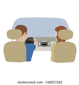 Vector Illustration Depicting A Driver And A Passenger In The Car From Behind.