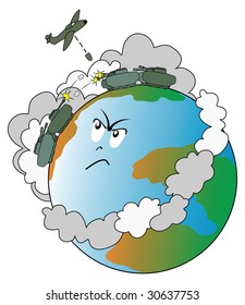 Vector illustration depicting the Earth with a angry because populated by armies in war